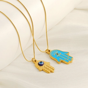 Vintage Hamsa Hand and Blue Evil Eye Pendant Necklaces with Gold Chains for Women
