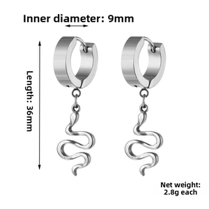 Detail view of silver snake drop earrings with 9mm inner diameter and 36mm length specs