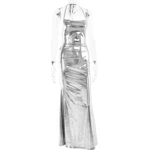 Detail of silver metallic cowl neck maxi dress with backless tie design on mannequin