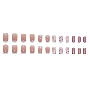 White French tip press-on nails with aurora heart and pearls, 24pcs square set