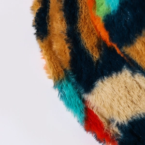 Colorful faux fur bucket hat with multicolor letter patchwork for winter warmth