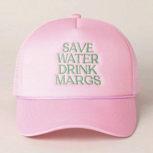 Detail of pink trucker hat with green Save Water Drink Margs embroidery and mesh back