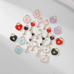 DIY colorful heart lock and key charms in gold alloy and enamel for jewelry making