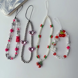 Beaded Phone Charm Strap Cute Handmade Faux Artificial Pearl Resin Plastic Cherry Heart Bear Stars Korean Style Phone Lanyard