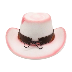 Detail of white felt cowboy hat featuring pink gradient brim and brown star band