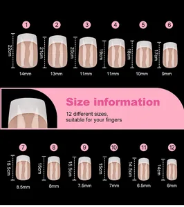 Size chart showing 12 different dimensions for French square press-on nail tips