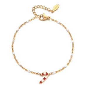 Detail of Christmas candy cane pendant on stainless steel gold bead bracelet