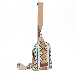 Bohemian canvas crossbody chest bag with geometric diamond patterns and PU leather straps