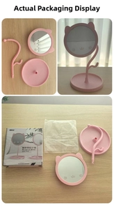 Pink cat-eared makeup mirror with detachable stand and round base in gift box