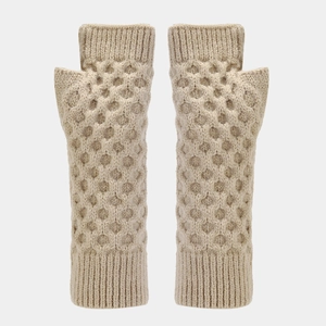 Winter beige knitted fingerless gloves with honeycomb texture for warm outdoor wear