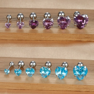 Polished titanium steel heart zircon stud earrings in various sizes and colors
