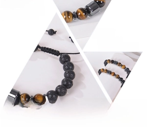 Macro detail of 10mm tiger eye and lava stone beads with durable elastic cord