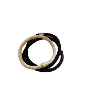 3-pack high-elastic twill hair ties in black and beige with gold metal accents