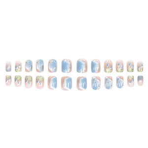 Short square tulip press-on nails with light blue watercolor floral design on white background