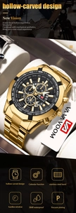 Detail of gold stainless steel watch band with luminous hands and date calendar function