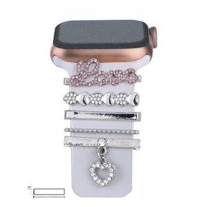 Silver and pink metal charms with Love and heart rhinestones for Apple Watch silicone strap