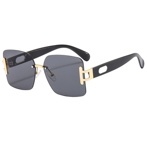 Chic rimless square oversized sunglasses with dark lenses and gold metal T-shaped hinges