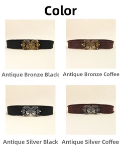 Detail of four retro elastic belts with hollow flower buckles and pleated lace texture