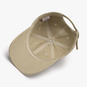 Khaki cotton baseball cap with six-panel construction and adjustable back closure