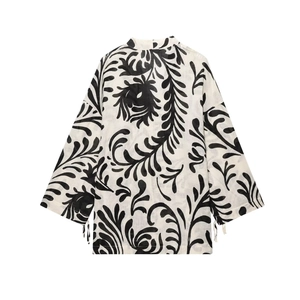 Women kimono set with black and white floral print, long sleeve top and pants