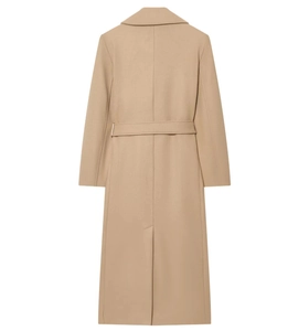 Back view of a camel wool blend long coat with a waist belt and back slit detail