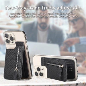 Black carbon fiber texture adhesive phone wallet with metal zipper and kickstand feature