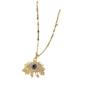Golden Evil Eye pendant necklace with blue sapphire and white zircon accents