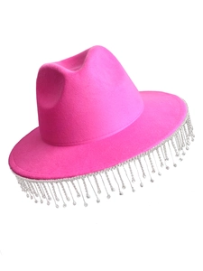 Detailed close-up of neon pink cowboy hat with sparkling silver crystal fringe on brim