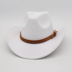 Detail of white felt cowboy hat with brown leather band and golden ring buckle