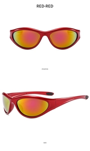 Y2K sporty sunglasses with red frames and orange mirrored lenses, front and side views