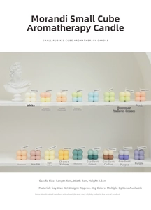 Macro detail of cube-shaped soy wax candles in various Morandi colors with size labels