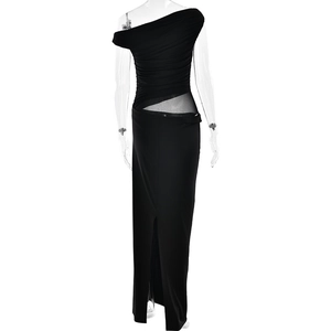 Detail of black one-shoulder mesh dress with waist cut-outs and ruched bodice detail