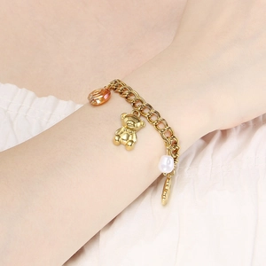 Fashionable 18K gold stainless steel fruit series bracelet with bear pendant and pearls