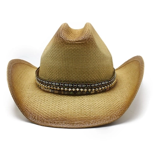 Classic straw western cowboy hat with colorful beaded band for summer beach protection