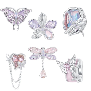 925 Sterling Silver Charm Bead For DIY Bracelet Purple Butterfly Dragonfly Flower Heart Zircon Nano Opal Dreamy Accessory