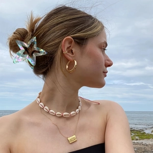 Look de plage d'été avec pince étoile irisée, créoles dorées et choker en coquillage