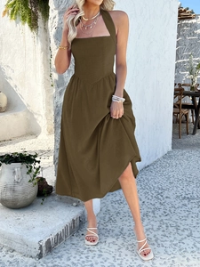 Detail of army green halter neck maxi dress with a-line silhouette and high waist design
