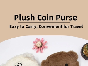 Close-up of cute bear-shaped plush coin purses in brown and white soft faux fur colors
