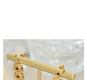 Detail of 18k gold plated chain-link earrings on a gold T-bar jewelry display stand