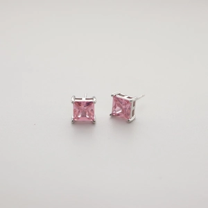 925 sterling silver princess cut pink zircon stud earrings with four-prong setting