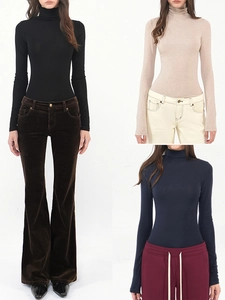 Detail of slim-fit turtleneck knit tops showing premium texture in black and beige