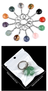 Detail of natural crystal paw keychain with approximate 8 cm length in clear packaging