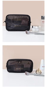 Bolsa de cosméticos de malla negra organizador de maquillaje portátil neceser de viaje.