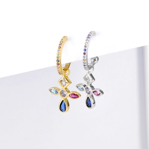 S925 silver cross hoop earrings with multi-colored cubic zirconia in gold and silver