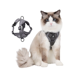 Reflective mesh cat harness in dark grey with adjustable buckles and dual D-rings