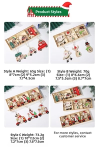 Detailed view of wooden Christmas ornaments featuring painted Santa and reindeer designs