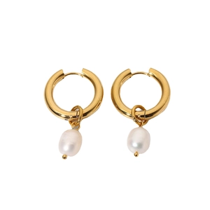 French vintage style 18k gold plated hoop earrings with natural white pearl pendants
