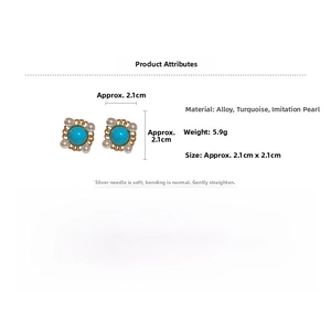 Detailed view of vintage square turquoise earrings with pearls and silver posts