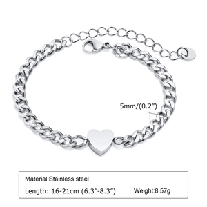 Detail view of the silver stainless steel heart chain showing technical measurements