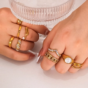 Stainless Steel Ring 18K Gold Plated With Mother Of Artificial Pearl And Zircon Star Moon Geometric Elegant Accessory For Women